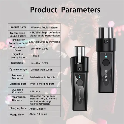 Imagen 2 del producto ABUO-micrófono inalámbrico XLR transmisor receptor 2,4 Ghz sistema adaptador de Audio de micrófono inalámbrico recargable