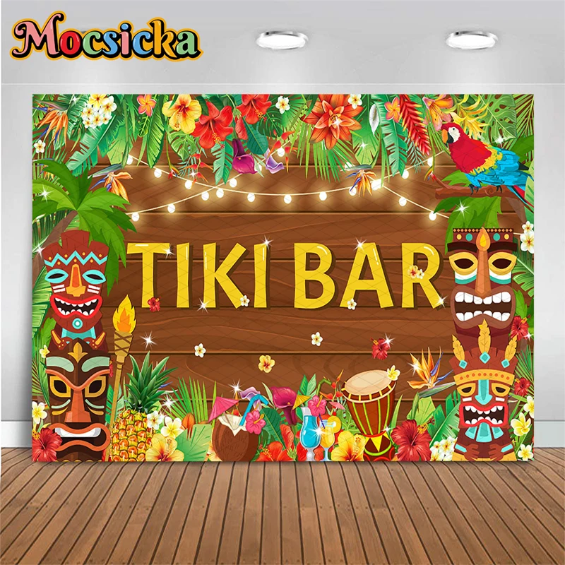Mocsicka Tiki Bar Photography Backdrop Tropical Hawaiian Party Background Cloth Summer Wooden Plank Mask Palm Leaves Photo Booth