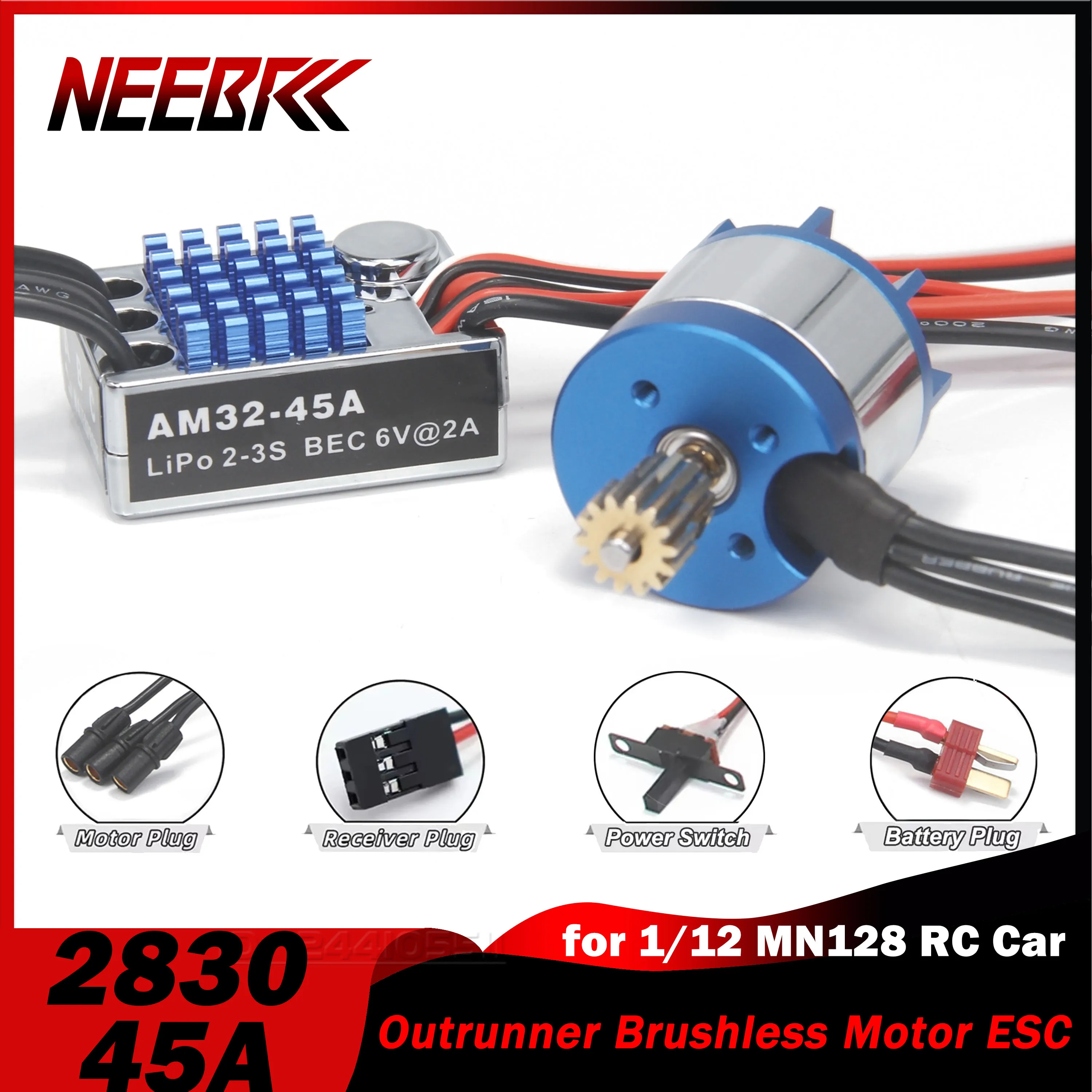 

NEEBRC 2830 RC Outrunner Crawler Brushless Motor 2400KV with 14T Gear 45A ESC BEC T for 1/12 MN128 Off Road Model Car Climbing