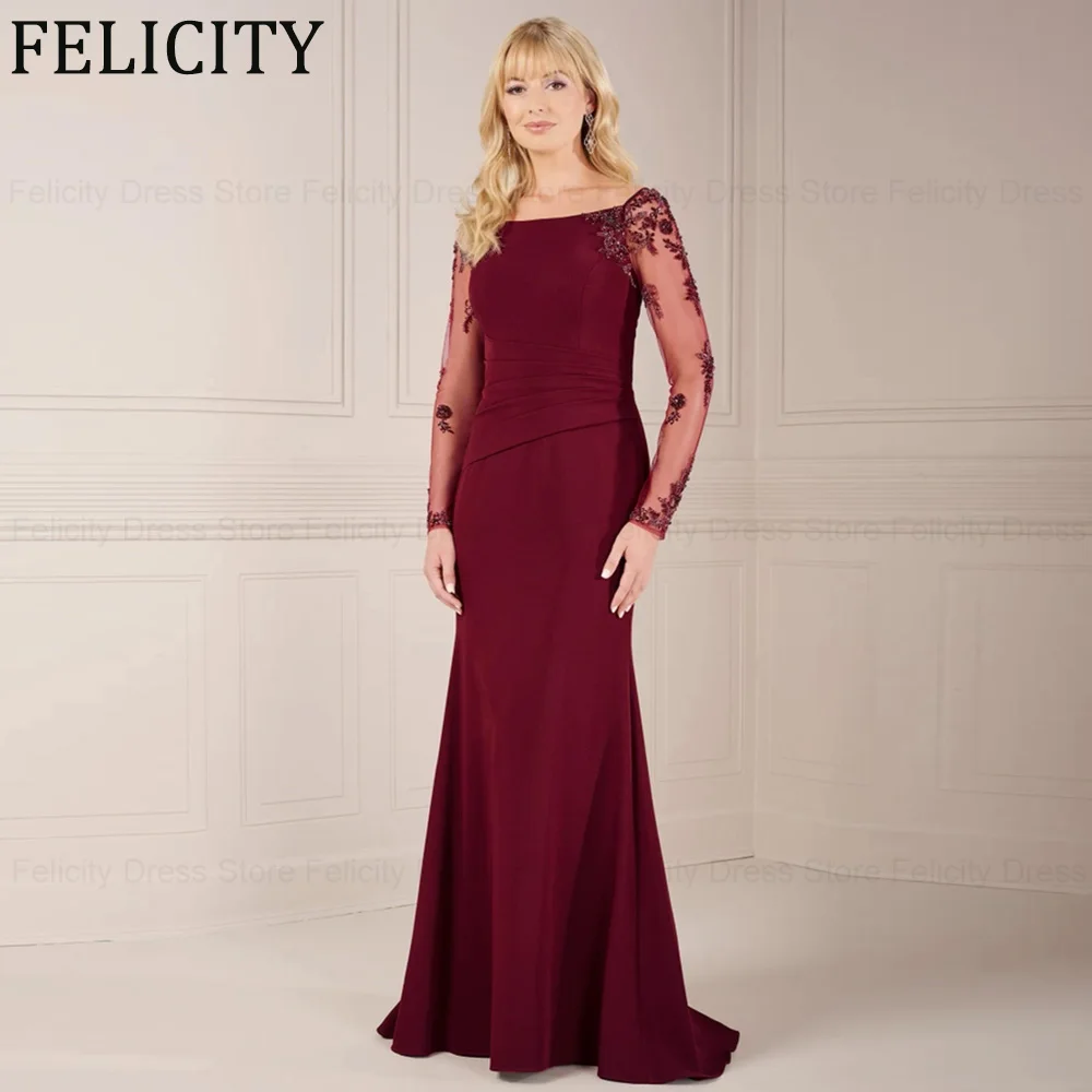 

FELICITY Burgundy Mother of the Bride Dresses 2024 Elegant Mermaid Scoop Wedding Guest Dresses Applique Long Party Evening Gowns