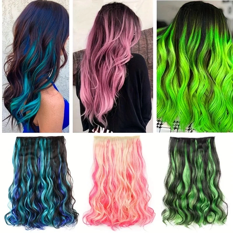 Extensión de cabello sintético de 20 pulgadas, rizado con reflejos arcoíris, una pieza con 5 clips, invisible, para uso diario 6