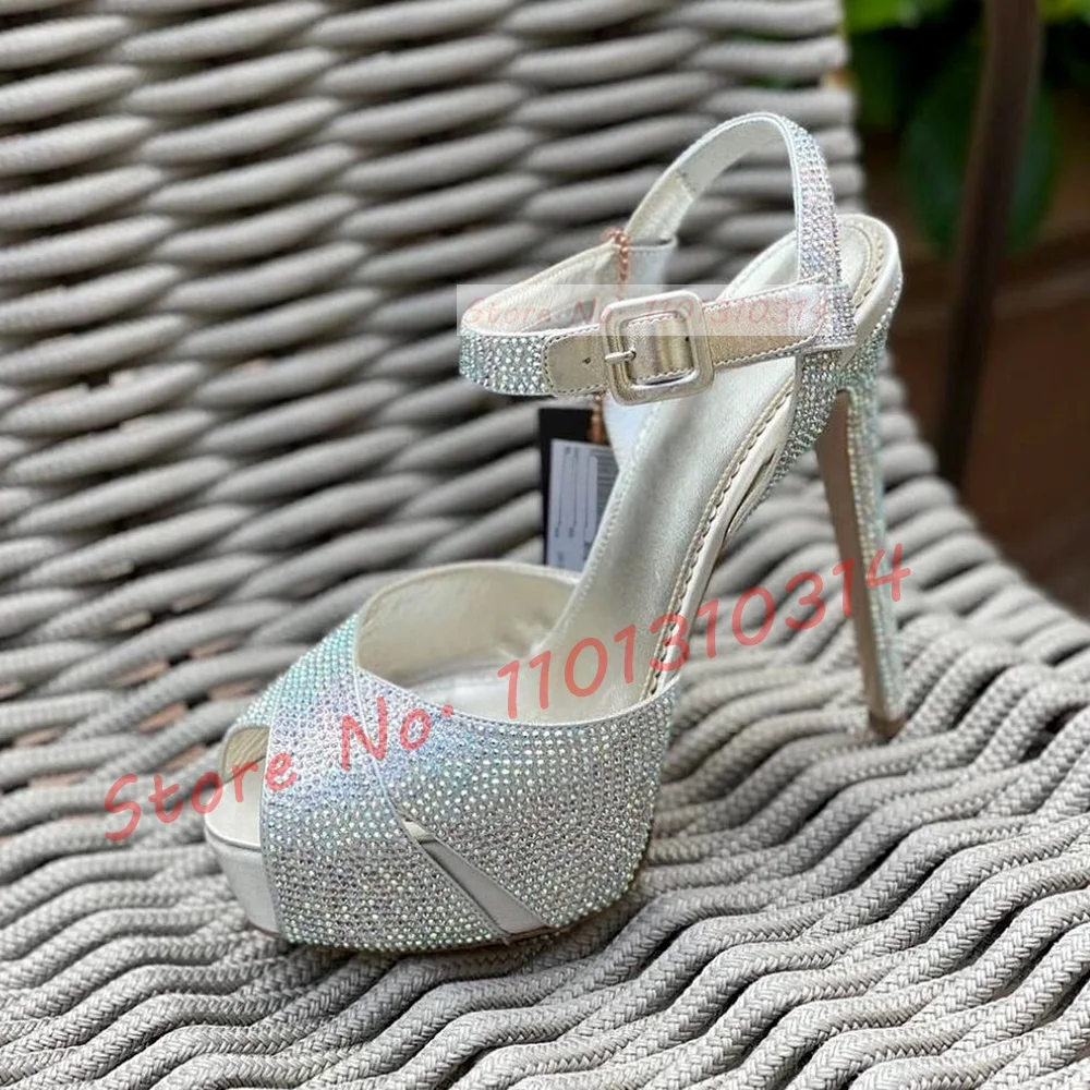 Covered Platform Diamond Sandals Women Glittery Cross Strap High Thin Heels Shoes Female Summer New Denim Elegant Party Sandals