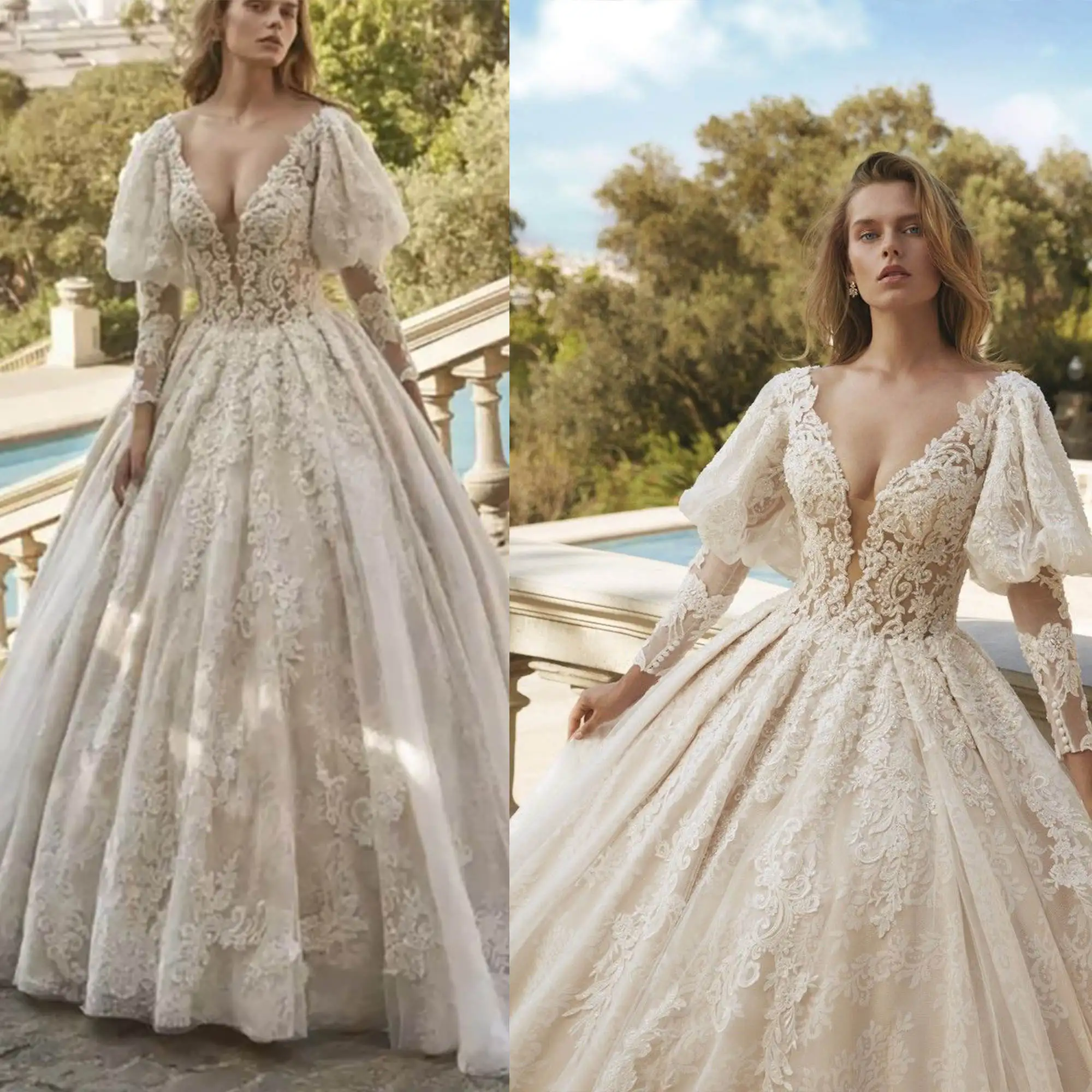 

Romantic Wedding Dresses Ball Gown V-Neck 3D Floral Appliques Floor-Length Princess Bride Gowns Customized Vestidos De Novia