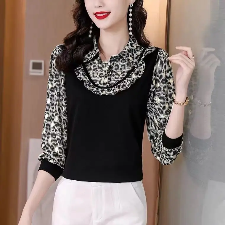 Fake Two Pieces Top Floral Blouses for Women Spring Autumn New Fashion Mom Versatile Long Sleeve T-shirt Top M-3XL