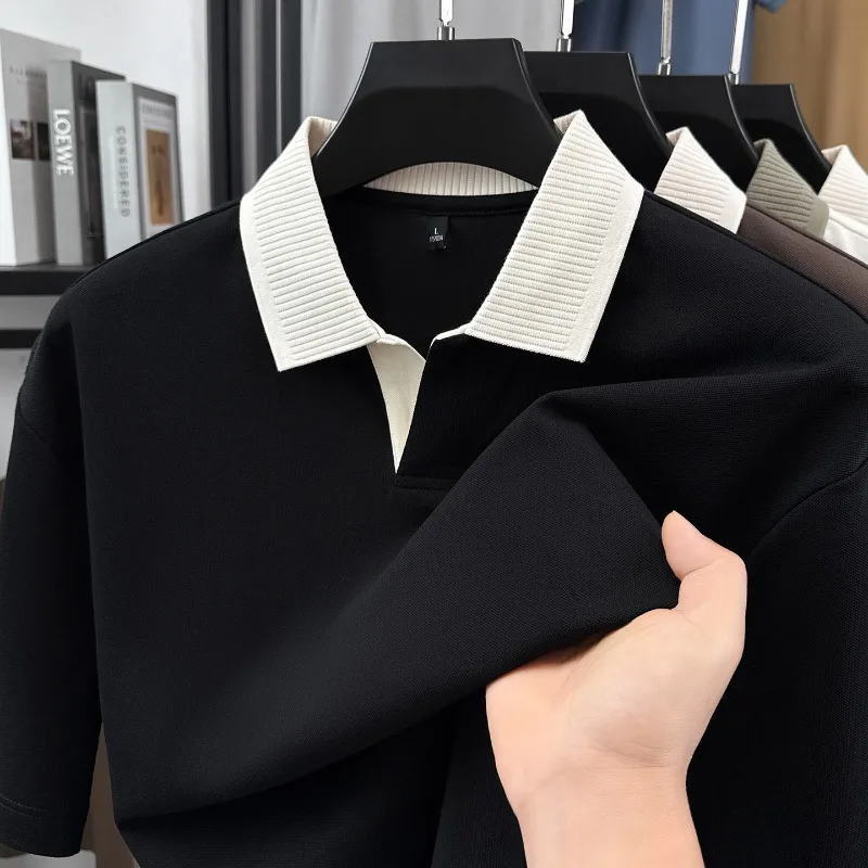 Summer Light and Thin Men Short Sleeved Polo Shirt Pure Cotton V-neck Top High Stretch Loose Casual T-shirt Fashion Men Clothing