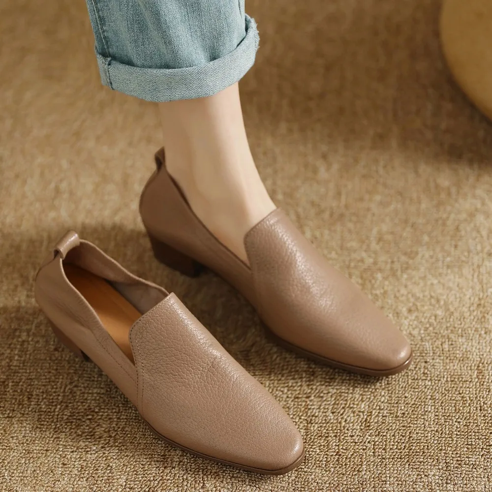 Sheep Leather Round Toe Retro Elegant Spring Autumn Shoes Chunky Heels Loafers Office Lady Dating Casual Women Pumps