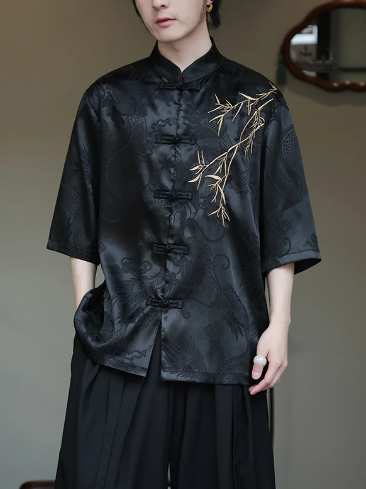 

New Chinese Style Men's Shirt Short Sleeve Summer Thin Embroidered Loose Fit Half Sleeve Button up Outerwear Breathable