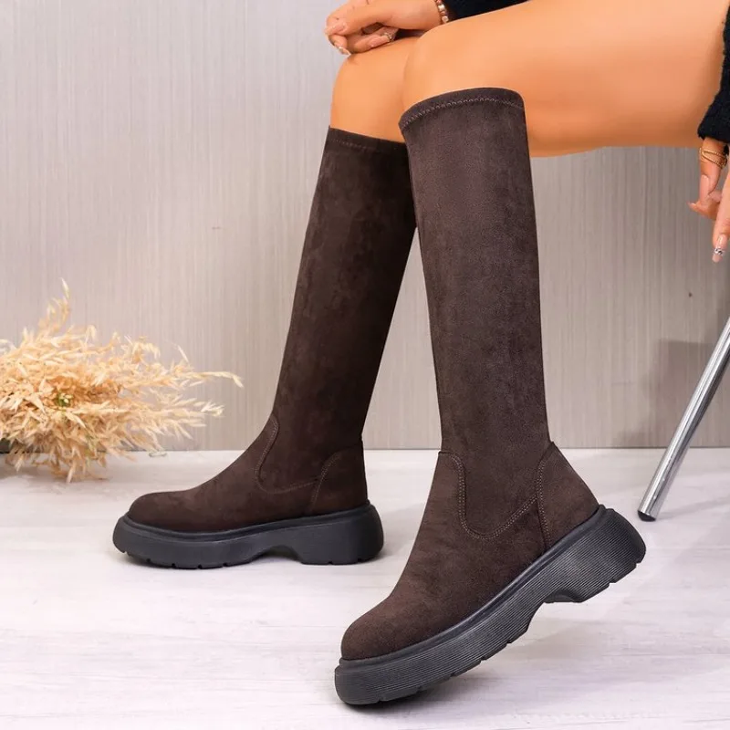 

Winter Platform Punk Style Woman Knee High Boot Concise Slip On Elastic Slim Shoes Ladies Thick Bottom Knight Long Booties 41