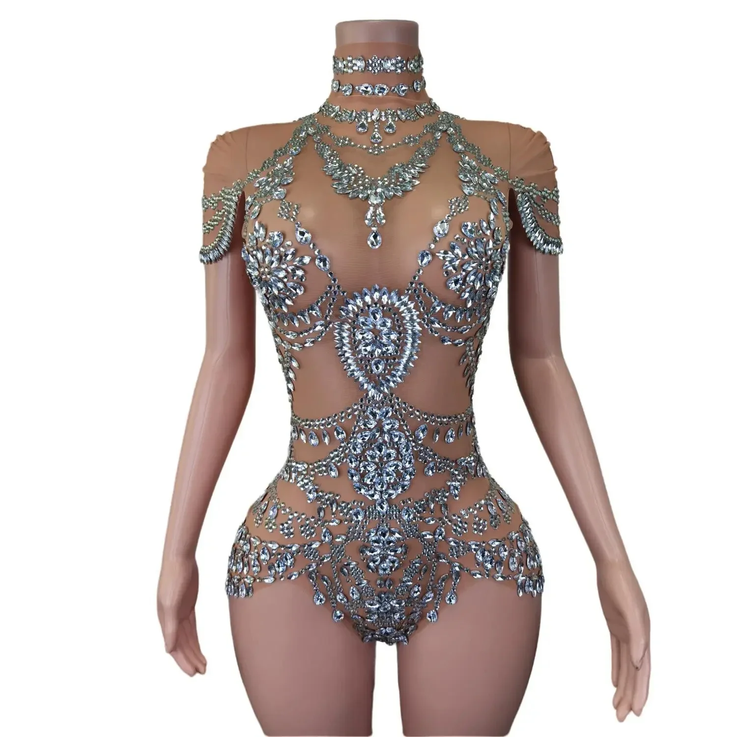 Sexy Stage Sparkly Rhinestone Bodysuits Luxury Women Party Prom Ball One Piece Stretch Sheer Mesh Short Dance Drag Queen Costume