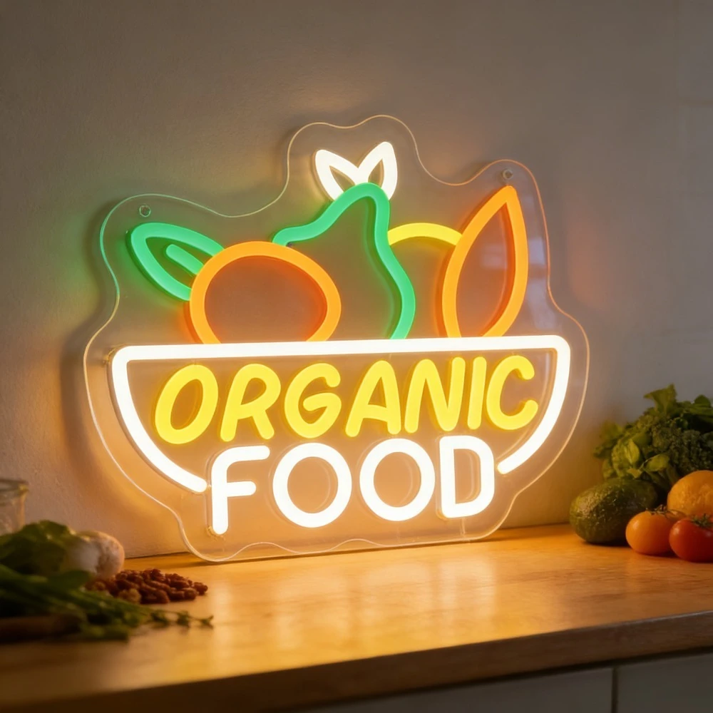 ORGANIC FOOD Neon Sign Fruit Vegetable LED Neon Light Healthy Food Cafe Decor Kitchen Wall Decoration Gym Restaurant Shop Sign
