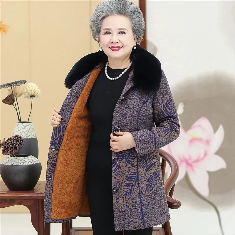 

Fleece Warm Winter Coat Elderly Women's Grandmother's Dress Autumn Woolen Coat Fur Collar Mid-Length Coat Mother Jacket Suit