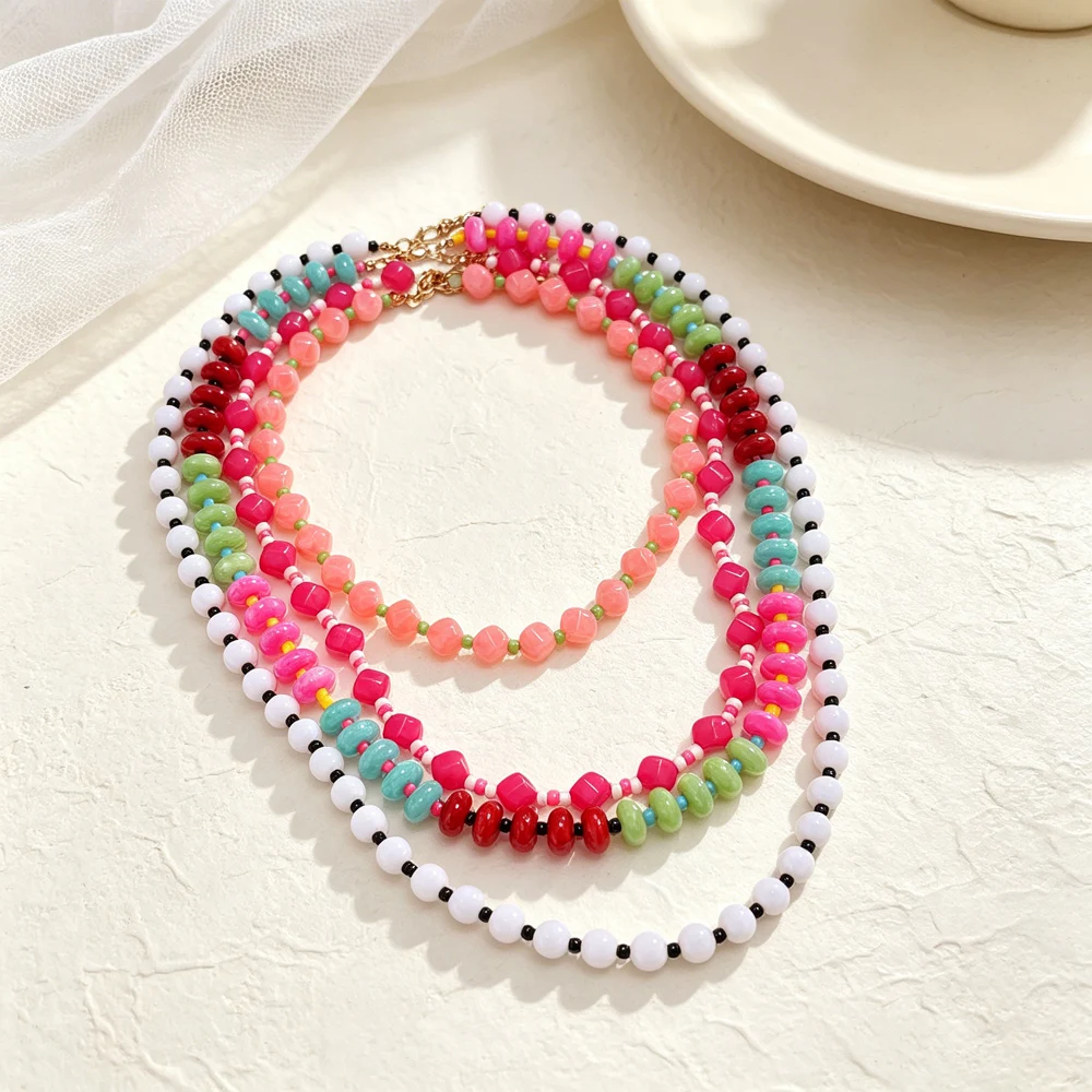 4pcs-set Dopamine Colorful Beaded Layered Necklace Women Boho Stackable Clavicle Chain for Summer Vacation Fashion Jewelry
