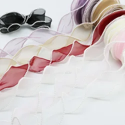 (5yards/roll)4cm Pearl Edge Wavy Organza Ribbon Elasticity Children Hair Accessories Handmade Decorative Gift Box Wedding Party