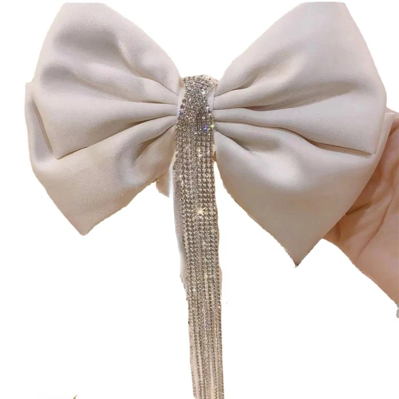 Korean Style Large Bow Perfect Hair Clip with Shiny Rhinestones and Long Tassel for Women, Perfect Wedding Hair Accessories