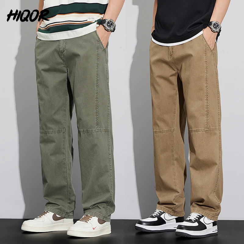 HIQOR New In 100% Cotton Baggy Straight Tooling Pants Men Outdoor Cargo Pants Man Wear-Resistant Casual Trousers For Men Hombre