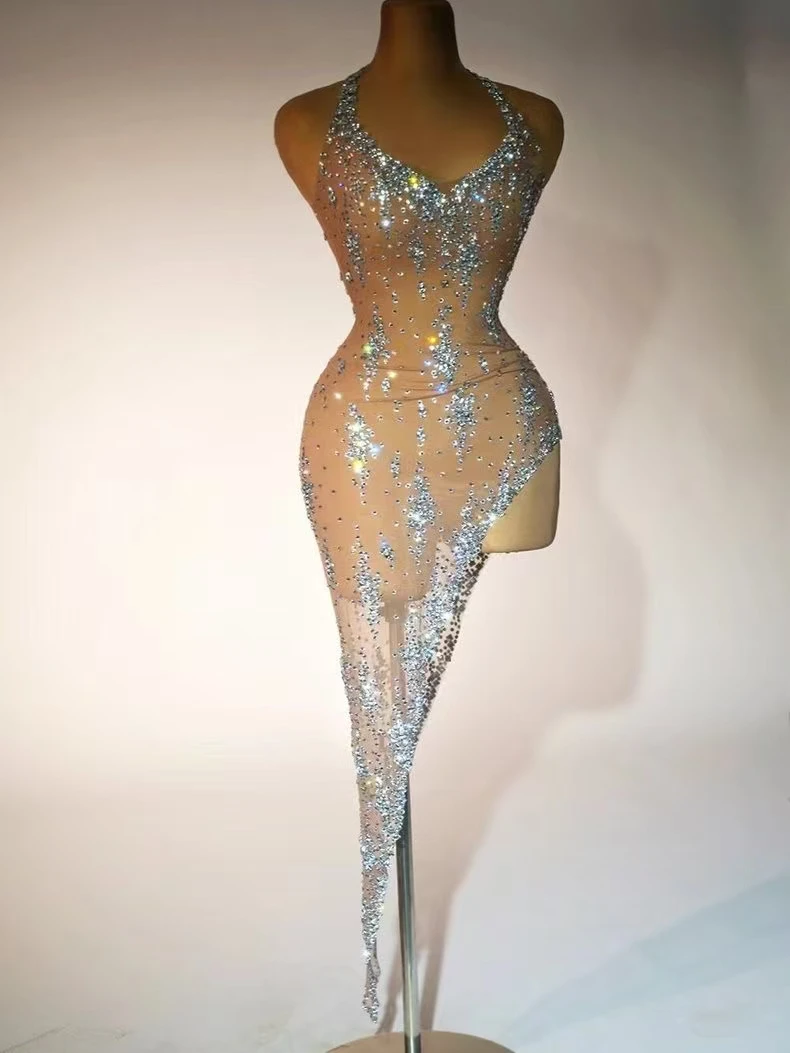 

European and American sexy deep v bright diamond side slit cocktail party bar temperament female singer resident dance party per