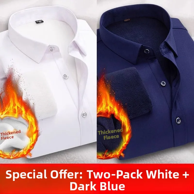 

Thiened Fce Long Sve Slim Fit Мужская теплая повседневная рабочая одежда Busin в Корейском стиле Sle White Dr irt Winter Faion