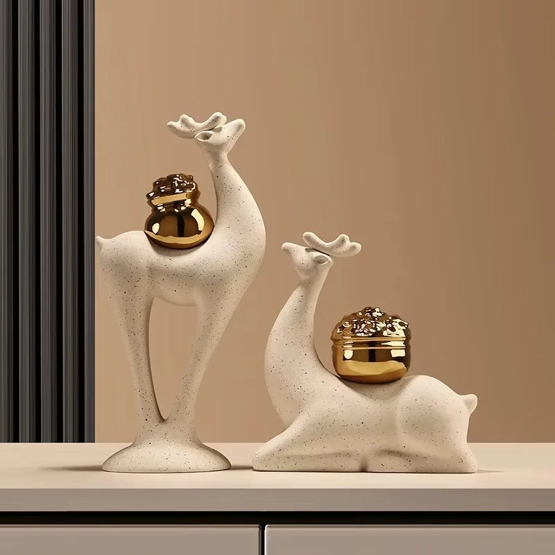 Modern Chinese Creative White Sandstone Ceramic Deer Ornament Home Decor Living Room Office Desktop Housewarming Fortune Gift