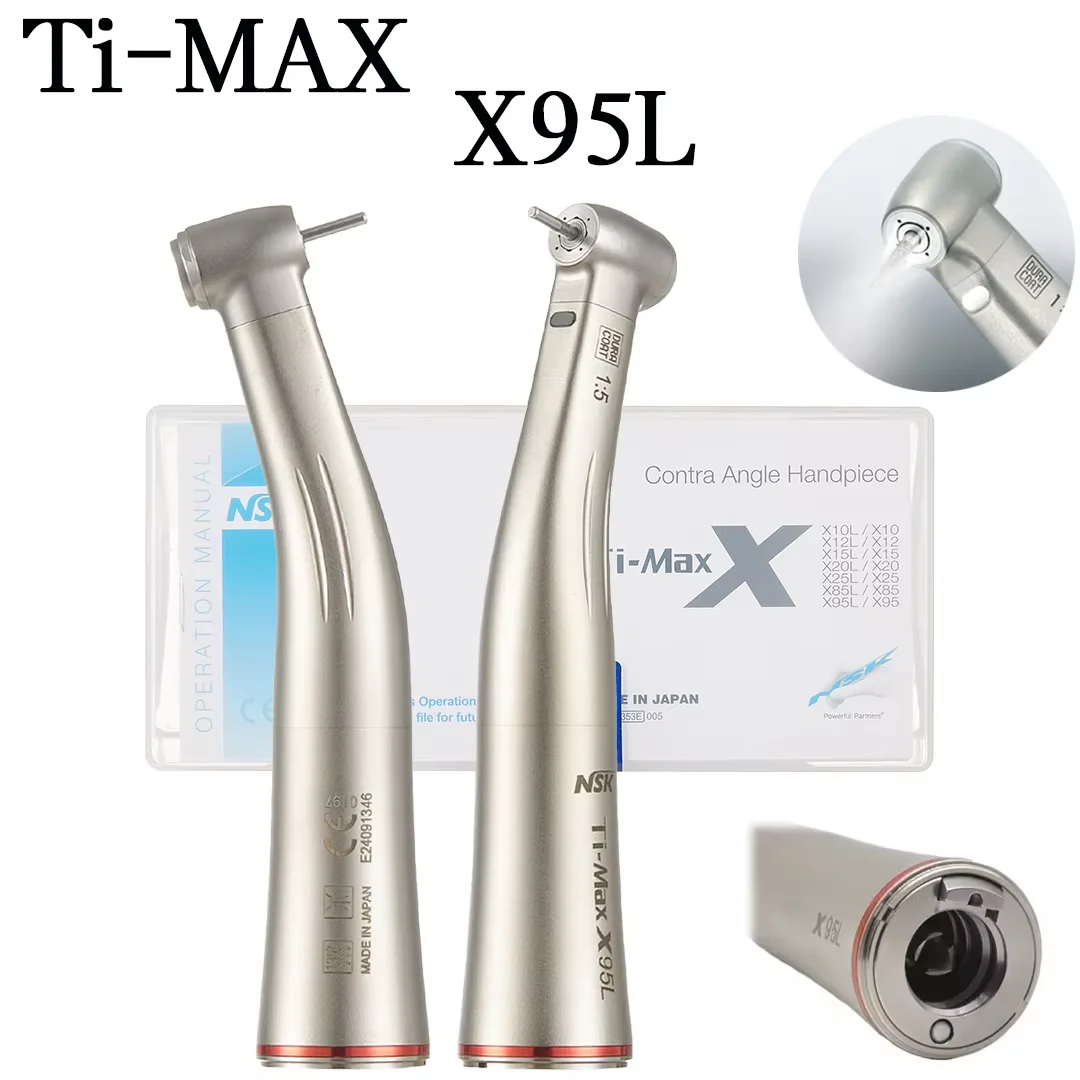 NSK Ti-Max X95L Dentistry Inner Water Push Button Dental Contra Angle Handpiece 1:5 Increase Speed Quattro Spray LED CE E-tape