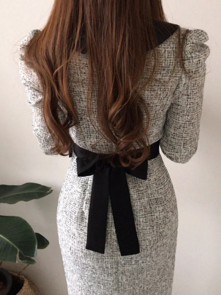 فستان نسائي أنيق جديد لفصل الخريف، تصميم ضيق من التويد على شكل حرف A، تنورة طويلة بطراز عتيق وأكمام سبعة