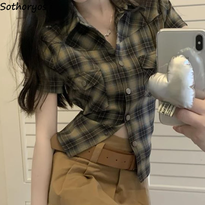 Sommer Plaid Shirts Frauen Schlank Vintage Sexy Y2k Tops Mädchen Zarte Klassische Harajuku Casual Taschen Studenten Hotsweet Outdoor Chic