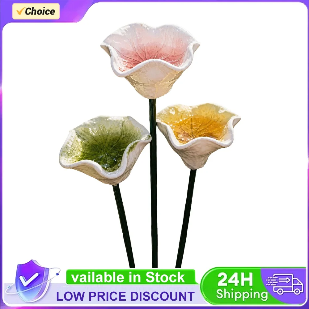 3pcs Ceramic Bird Bath Garden Stake Decorative Metal Bee Butterfly Feeder Bee Baths for Garden for Outdoor Yard Lawn Decoration