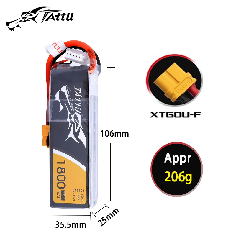 TATTU 14.8V 1800mAh 75C LiPo Battery With XT60 Plug For RC Helicopter Quadcopter FPV Racing Drone Parts 4S Drones Battery