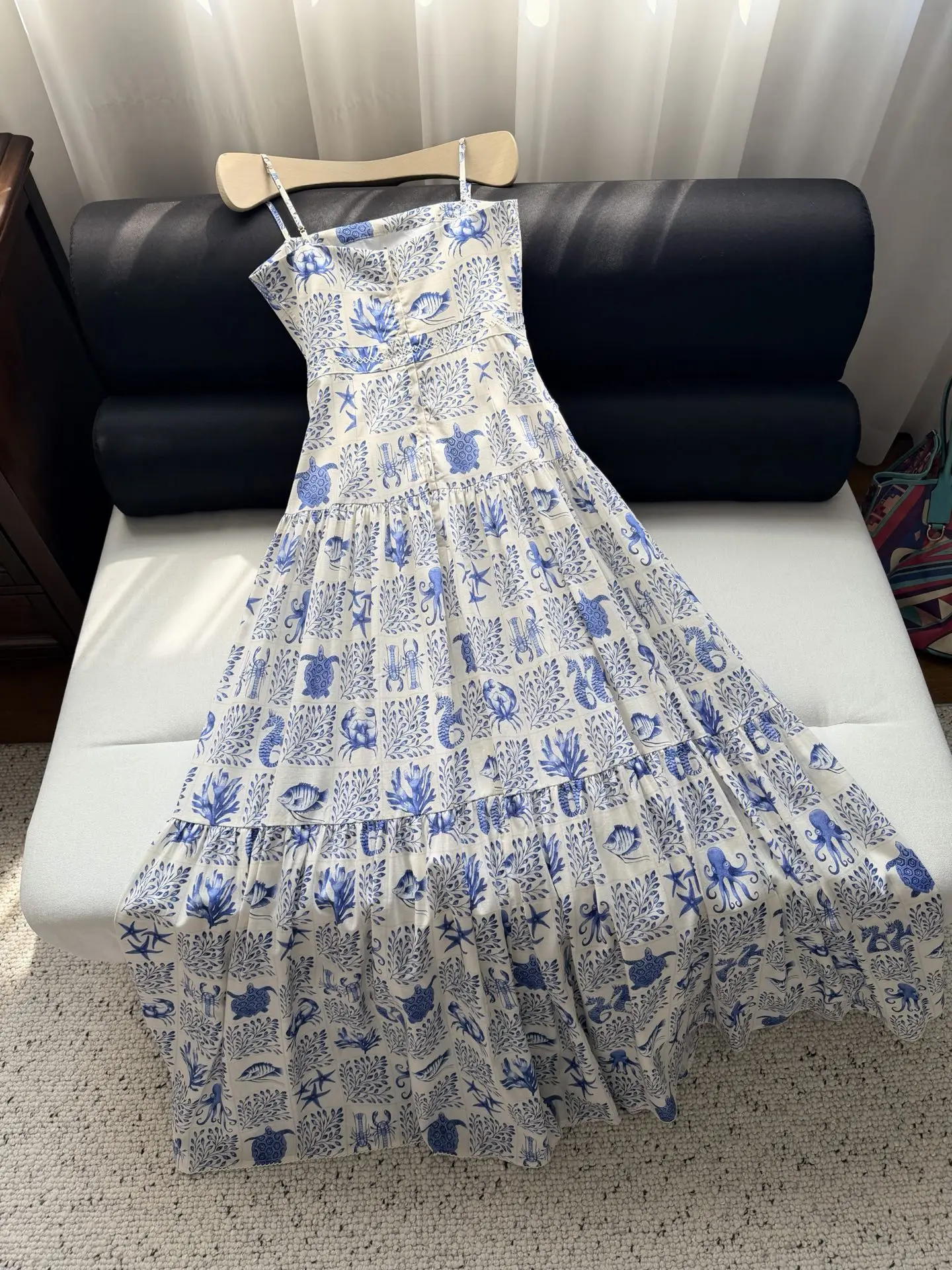 Women's Marine Animal Pattern Holiday Dress 100% Linen Square Collar Sleeveless High Waist Casual Female Sling Robe