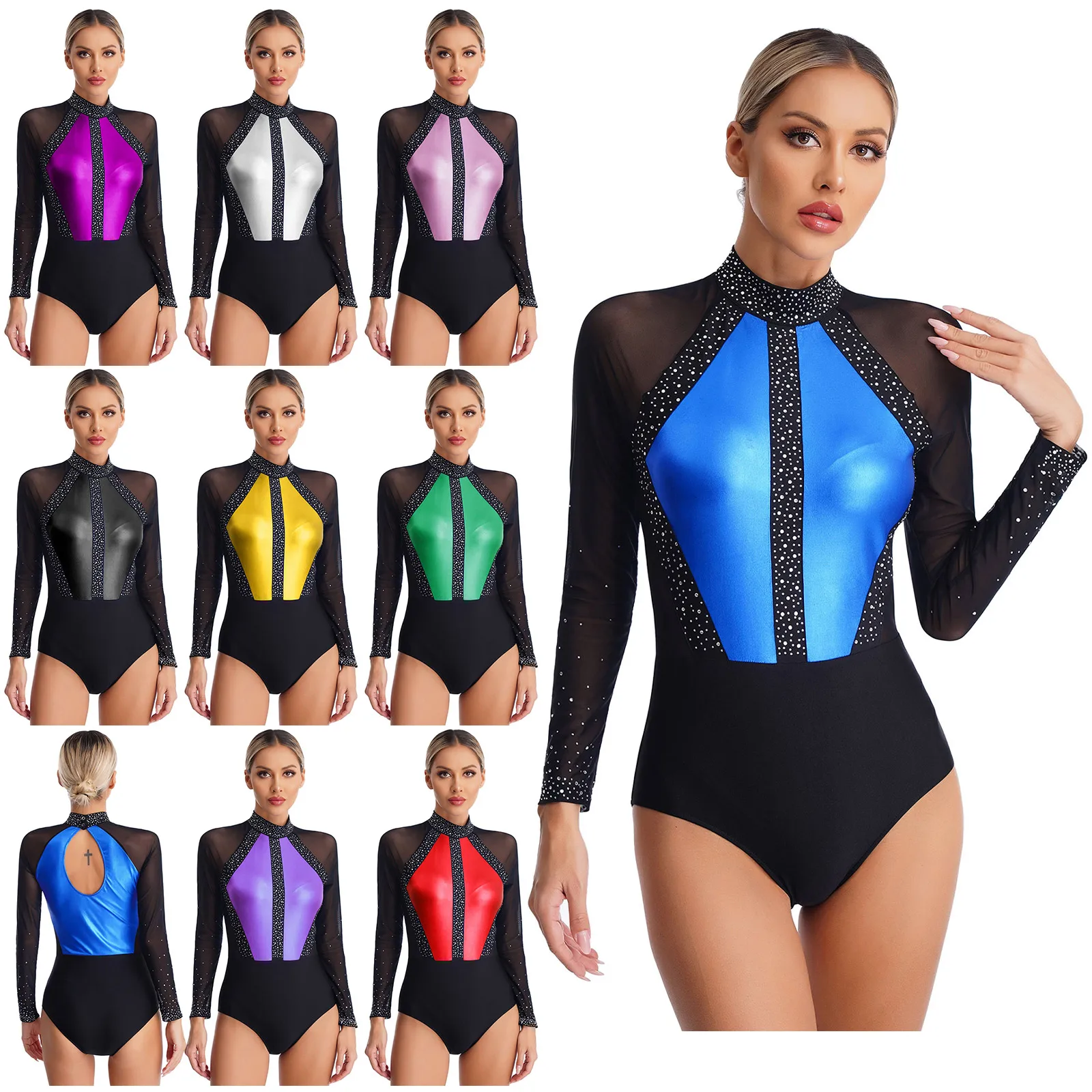 Womens Shiny Rhinestones Leotard Gymnastics Dance Figure Skating Dancewear Color Block Patchwork Sheer Mesh Long Sleeve Bodysuit