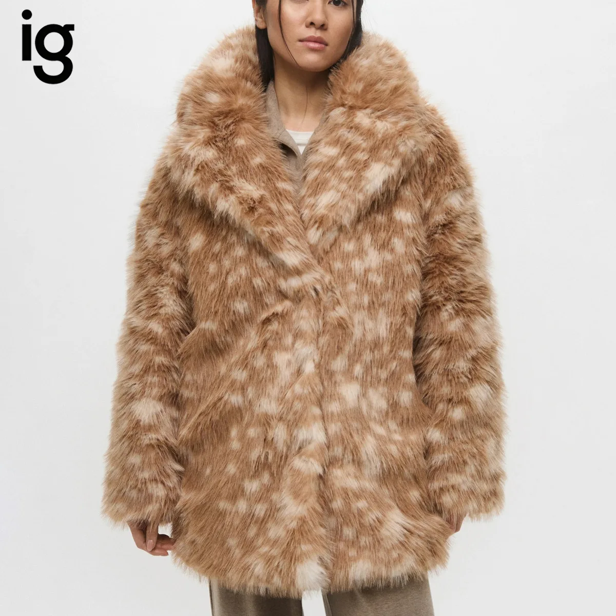 Women Camel Spotted Oversized Wide Shawl Collar Mid-Length Coat, Hidden Snap Closure Side Pockets, Winter Warm Casual Outerwear
