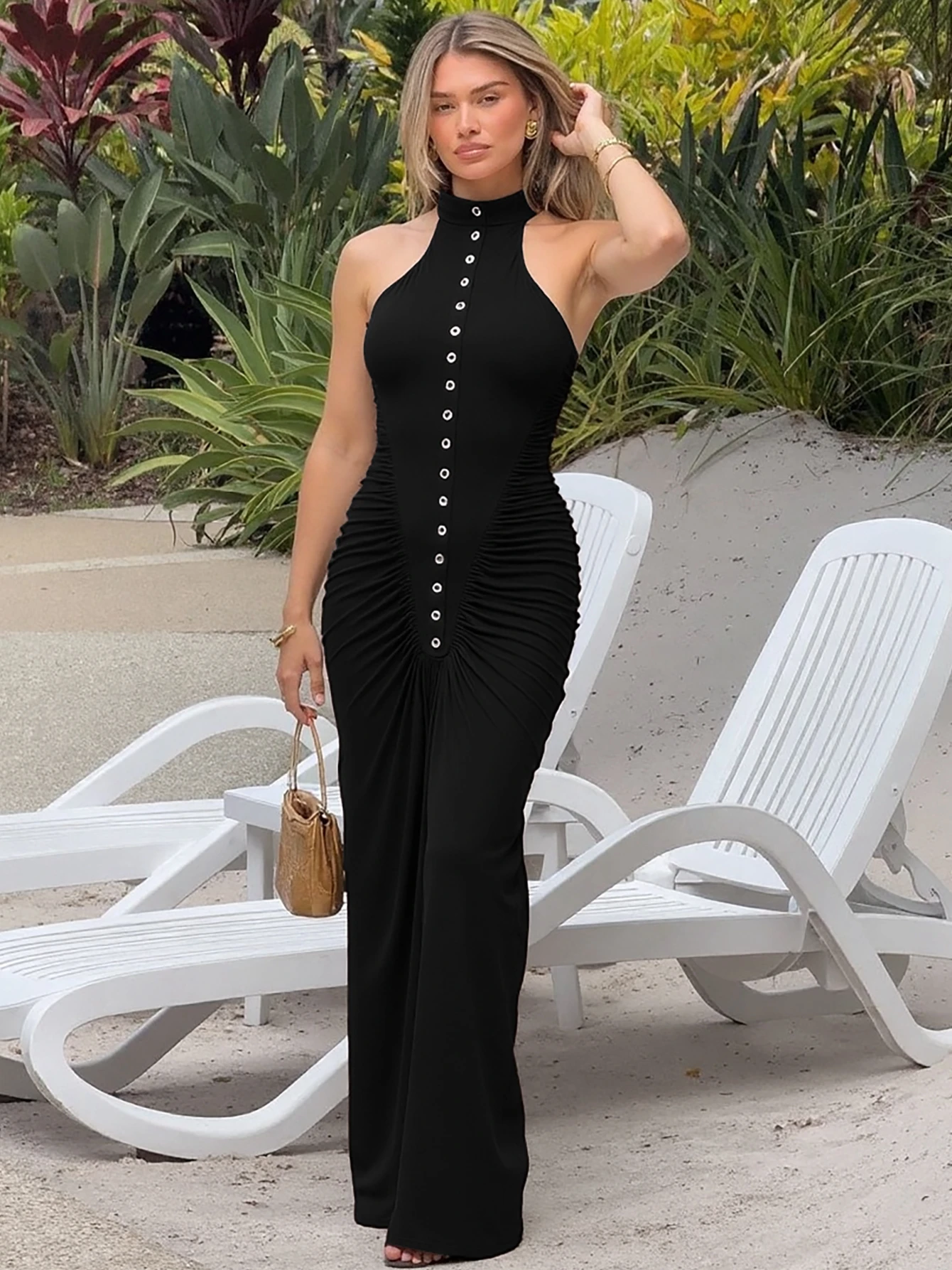 Dulzura Summer Fashion Sexy O-Neck Sleeveless Ruched Single Breasted Slim Long Dress Women Solid Elegant Dress Party Club Outfit