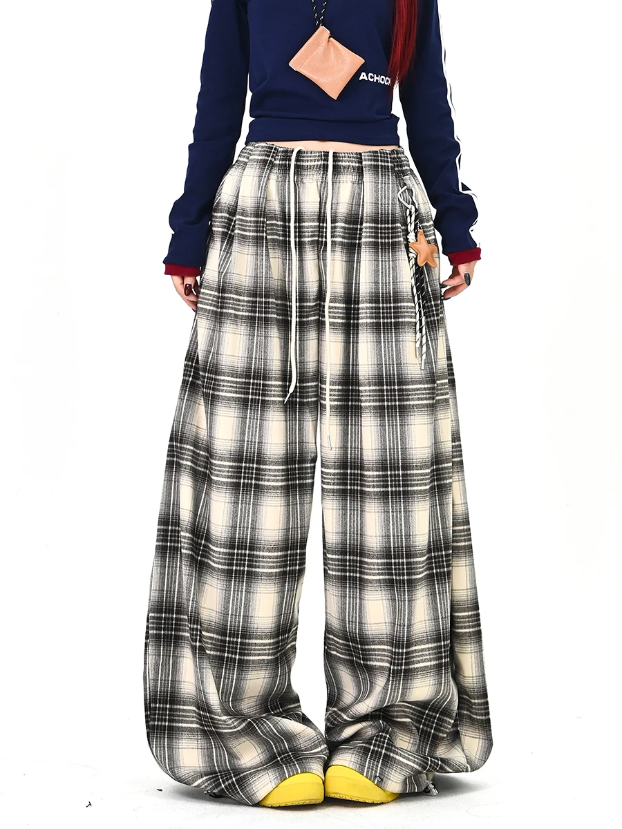 

Женские повседневные брюки Lazy Star в стиле пэчворк, свободные, в американском ретро-стиле, с широкими штанинами, модные, в клетку, с завышенной талией, прямого кроя