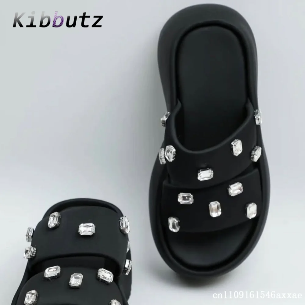 Black Rhinestone Round Toe Platform Slide Sandals Women Slip On Wedge Heels Stylish Summer Daily Chic Outdoor Casual Slippers
