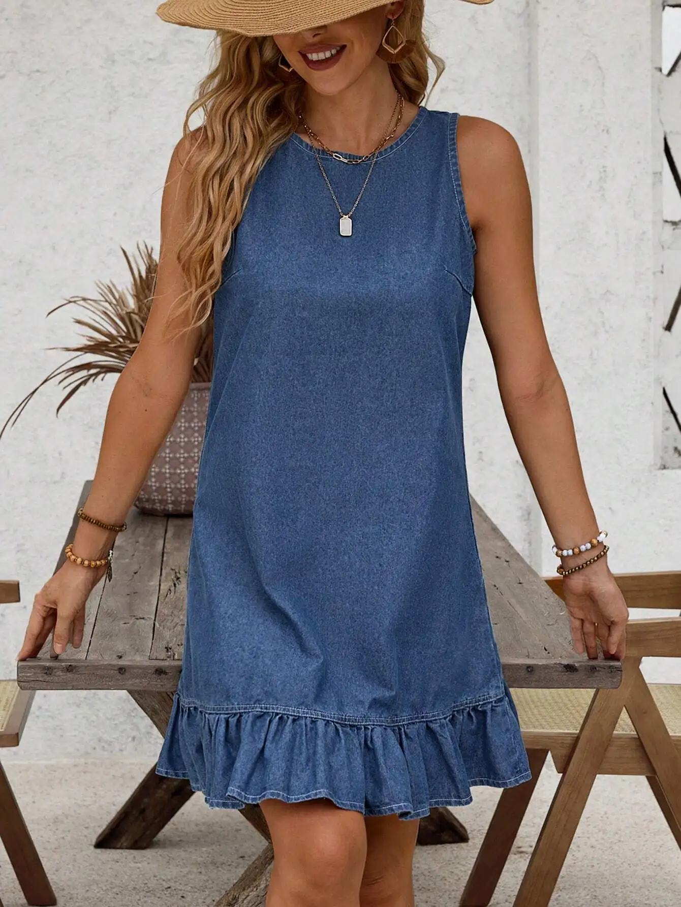 

Women's Casual Denim Dress With Ruffle Hem And Round Neck Sleeveless
