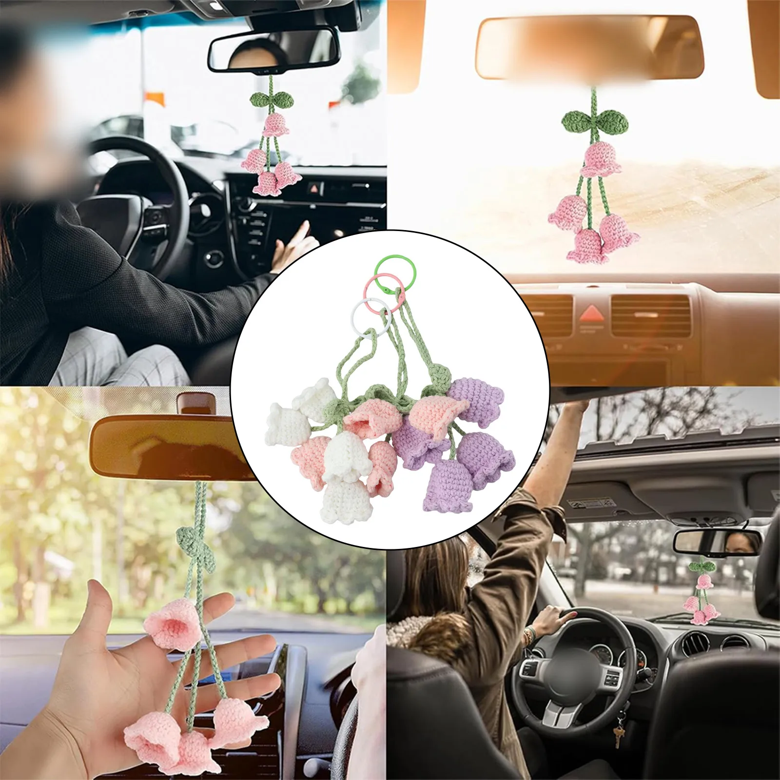    3PCS süße Maiglöckchen Auto Rückspiegel Anhänger handgehäkelte Auto Glockenblume handgestrickte hängende Anhänger