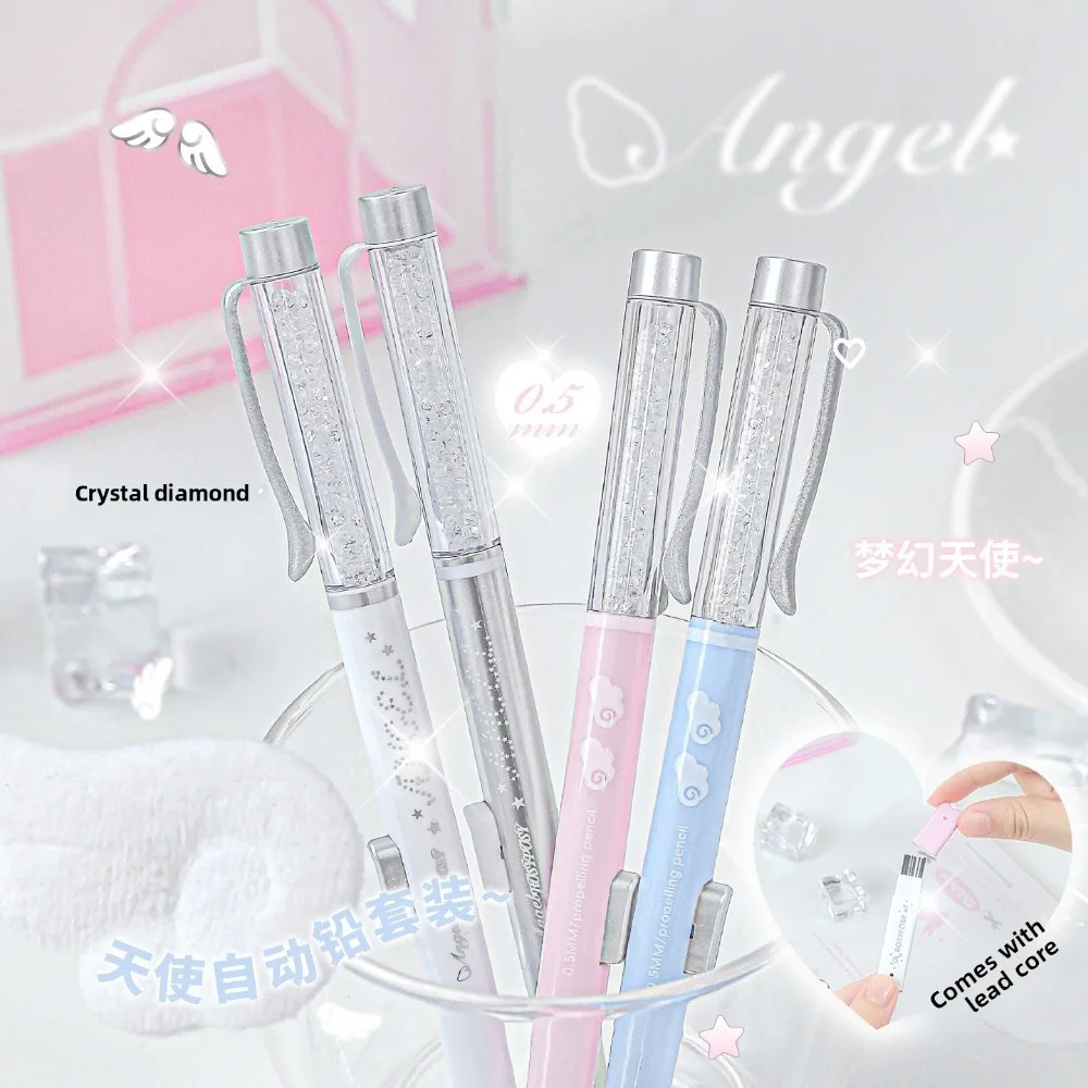 Angel Theme Automatic Pencil Set Girly Sparkling Crystal 05HB Lead Student Click Pencil Portable Stationery Combo Creative