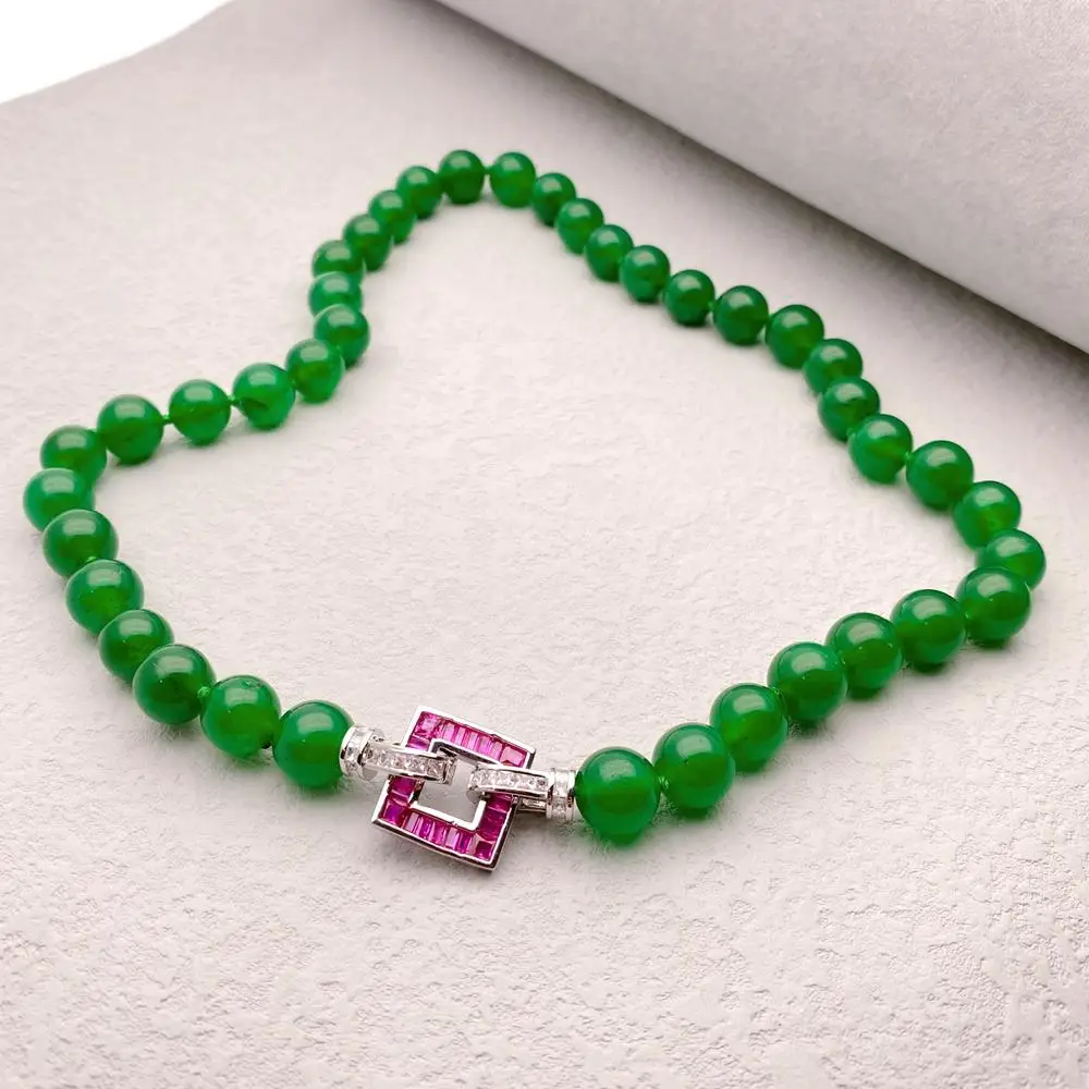 Green Jade Necklace Fuchsia Cz Pave Clasp Jewelry Gifts Women Men Jewelry Gift