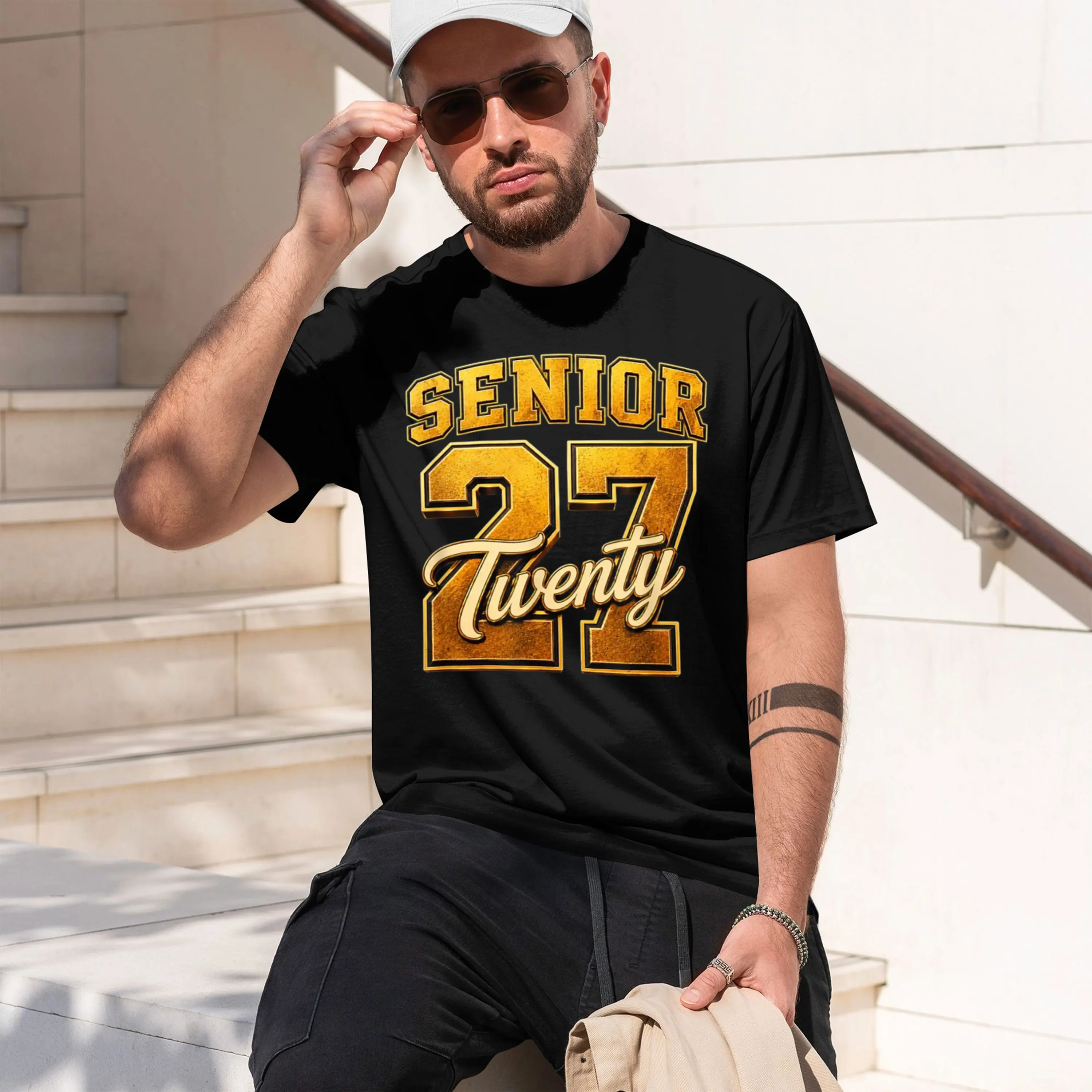 Senior Gold Varsiy Design Cl Of 2027 Graduaes T-Shir Summer Shor-Sved Breahable Swea-Wking Versaile Rendy 2026 New Model Short-s