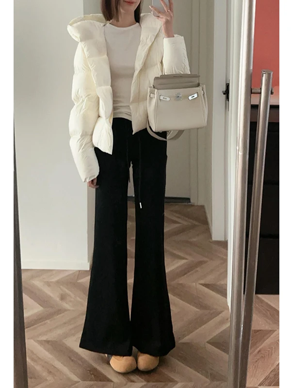 Długie spodnie do jogi z wydłużonym krojem, ocieplane, rozszerzane, damskie, codzienne, z elastyczną talią, sznurkiem, wyszczuplające, czarne, zimowe, luźne spodnie.