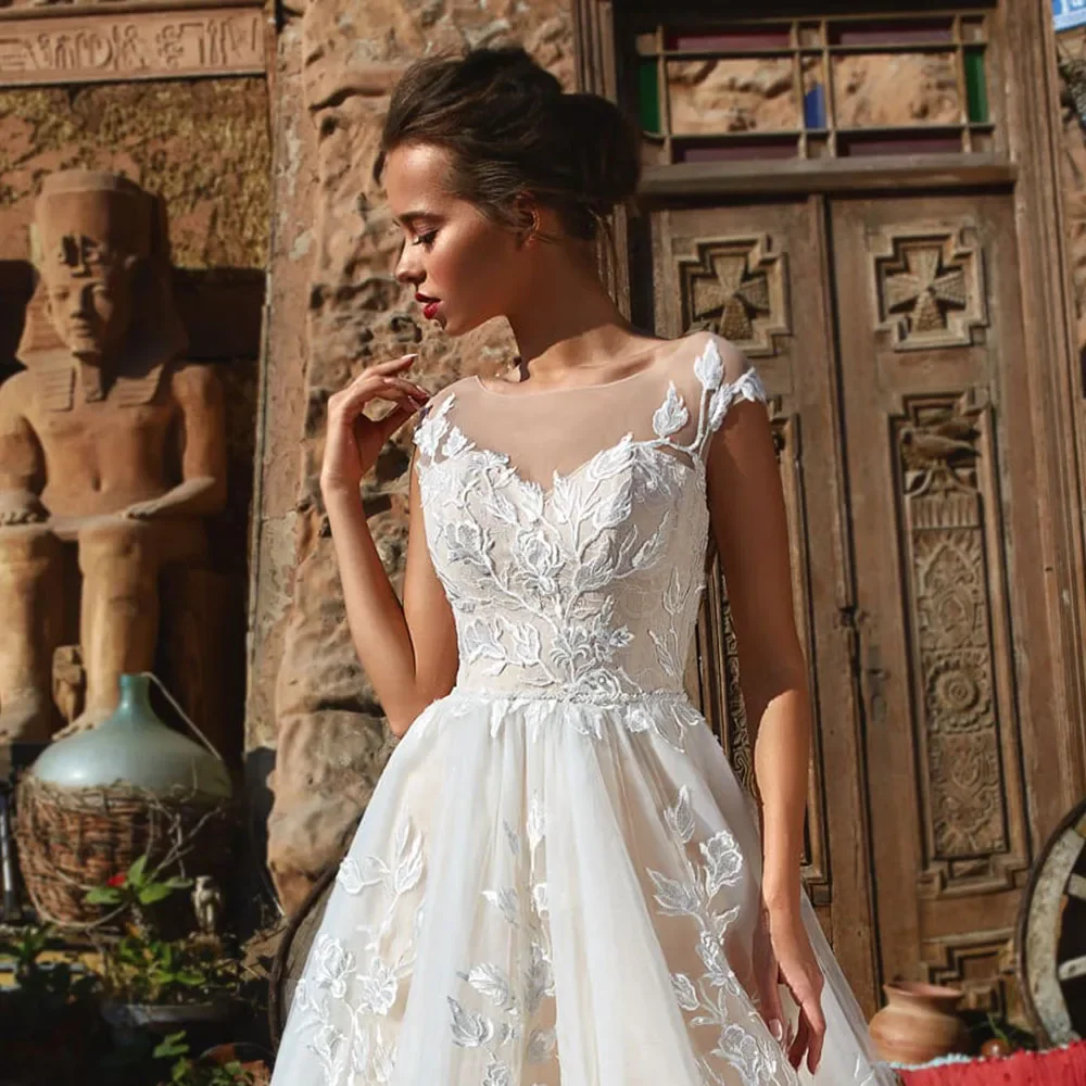 Vestido de boda hecho a medida, cuello redondo, manga casquillo, botones, apliques de encaje, tul, vestidos de boda, Vestido de moda Branco