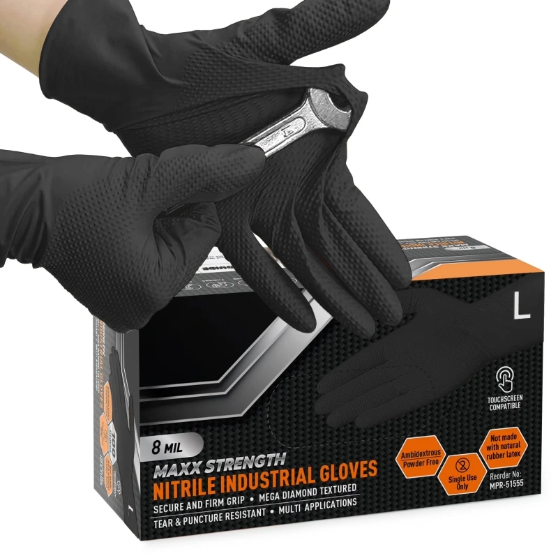 8Mil Black Nitrile Disposable Work Gloves Heavy Duty Diamond Textured Safety Gloves for Men Mechanic Industrial Auto Constructio