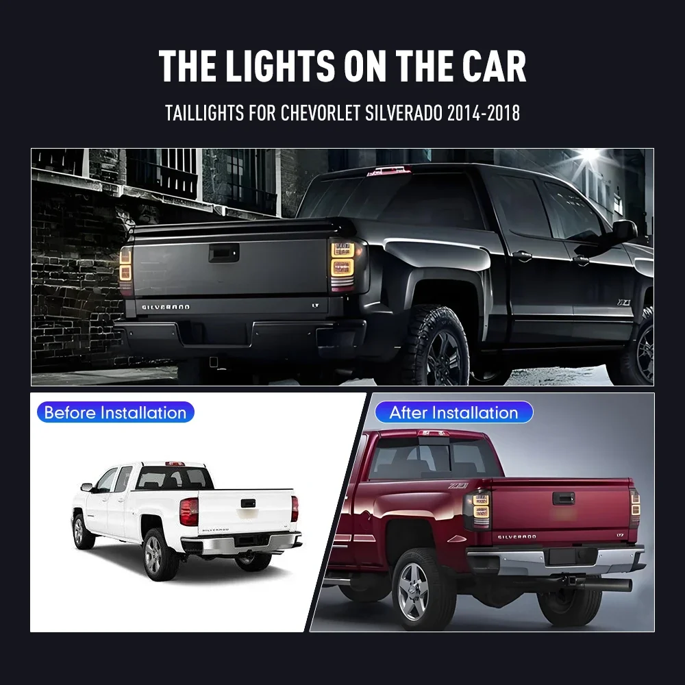 زوج من أضواء خلفية LED لسيارة شيفورليت سيلفرادو 14-18 عكس الفرامل إشارة دوران السيارة الخلفية الذيل ضوء الجمعية التوصيل والتشغيل