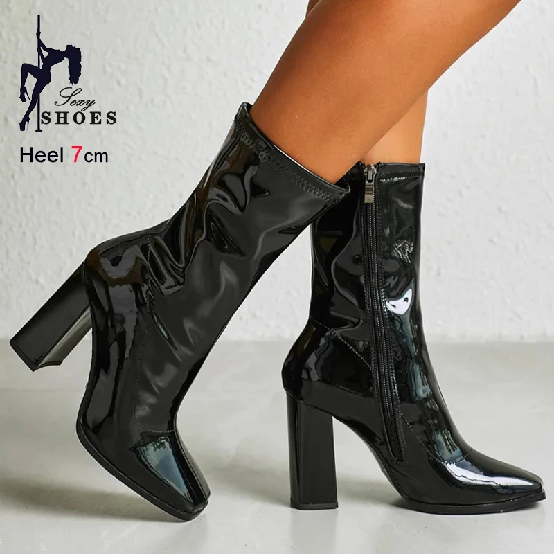 

Fashion Square Toe Ankle Boots Woman 7CM Chunky Heels Black Short Boots Gothic Shoes Soft PU Leather Autumn Booties For Women's