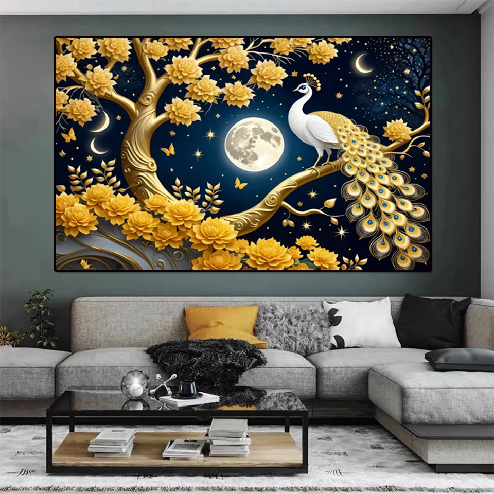 Pavone dorato Pittura diamante fai da te 2024 Gioielli Kit punto croce Fiori Luna Diamante pieno Mosaico Arte 5D Strass Ricamo