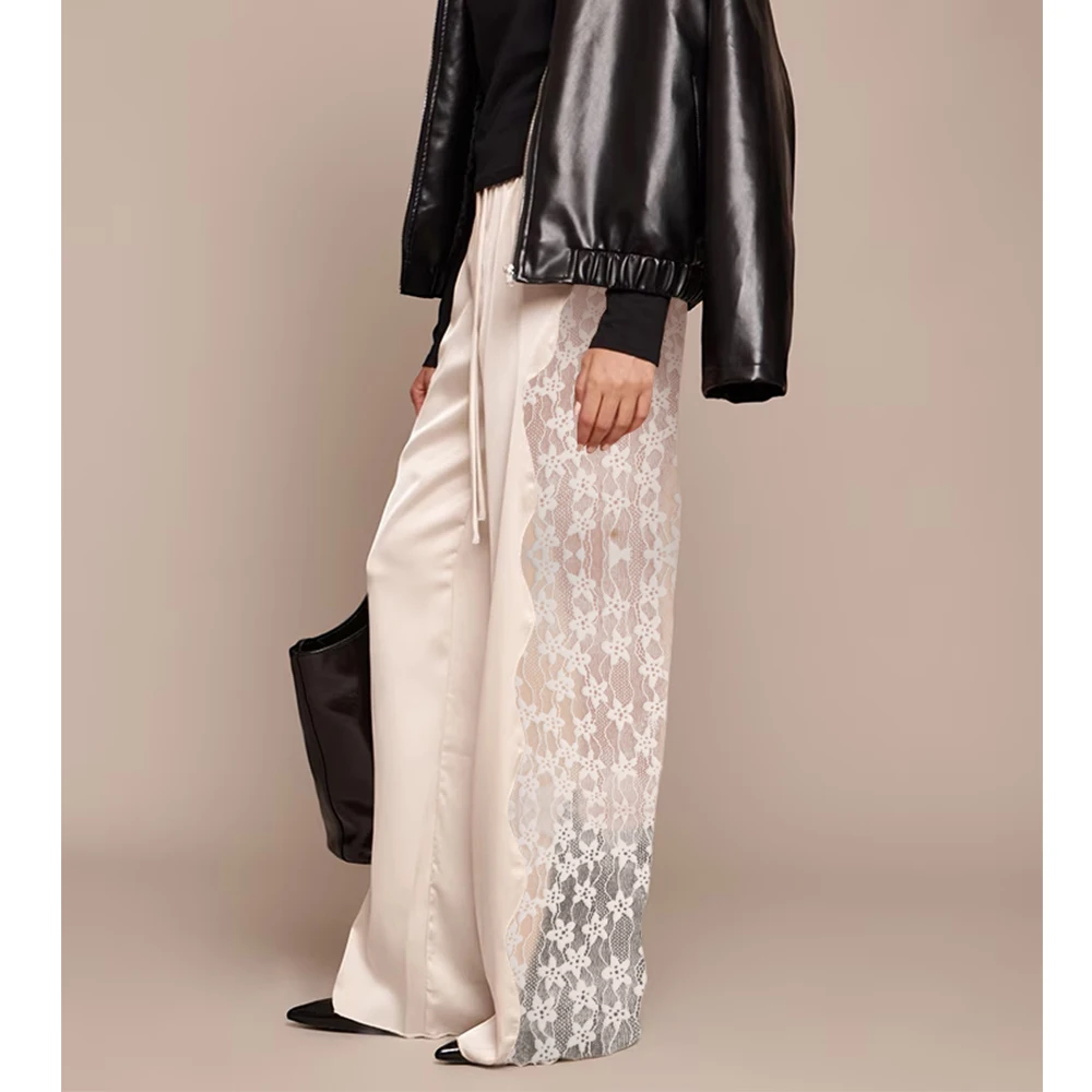 Casual Lace Satin Patchwork Pants Women Sexy See Through High Waist Lace Up Straight Trousers Spring Summer Lady Chic Trousers