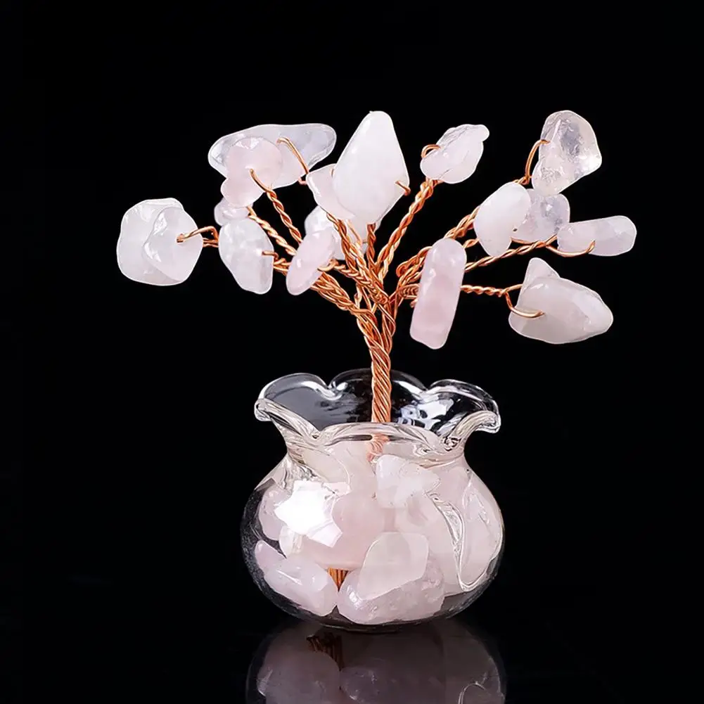 Home Decoration Handmade Faux Money Tree Figurine Natural Stone Wealth Statue Feng Shui Gemstone Decor for Home Office Table