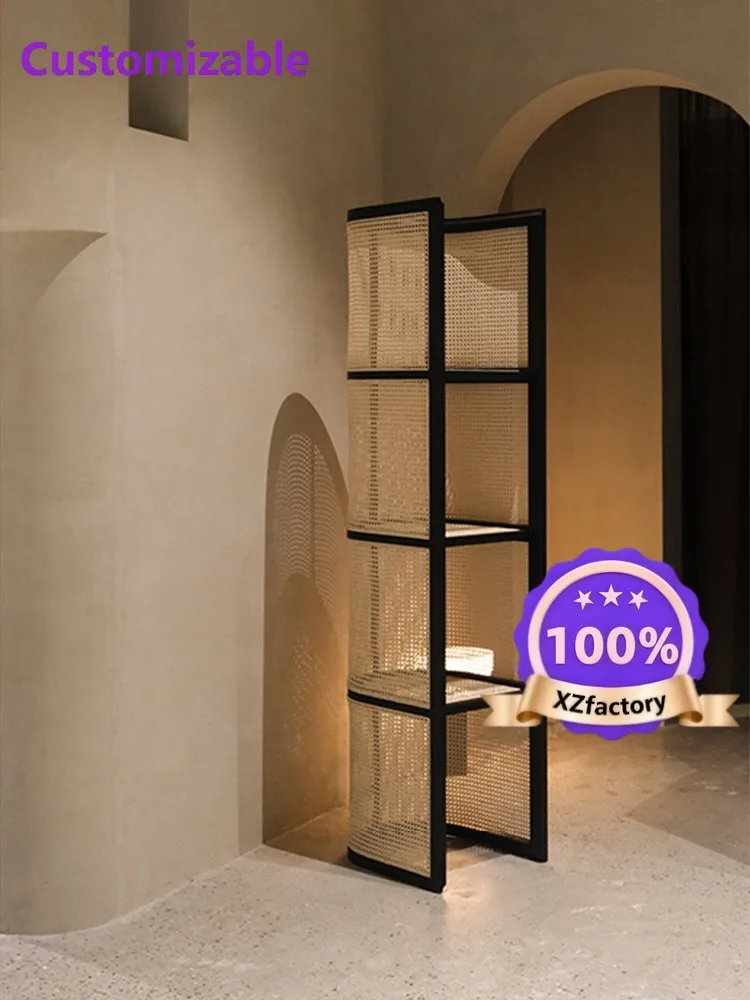 Factory Direct 2026 Top RatedNordic rattan shelves living room solid wood porch multi-layer floor screen shelf wabi sandy wind h