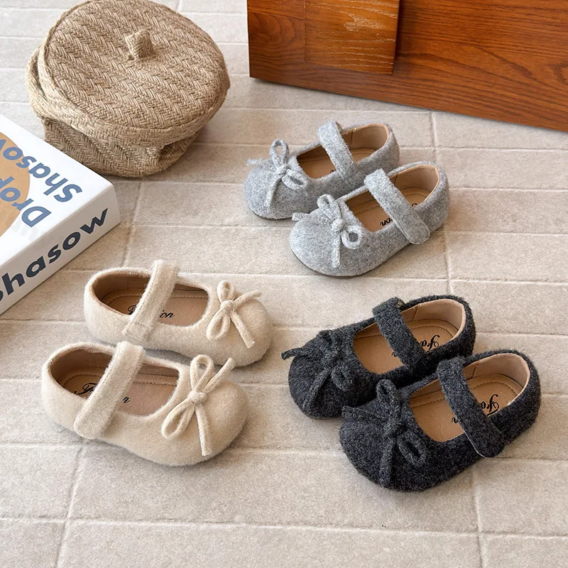 

Girls' Sweet Bow Design Shallow Mouth Suede Single Shoes 2025 Autumn Children Fashion Retro Versatile Comfortable Princess Flats