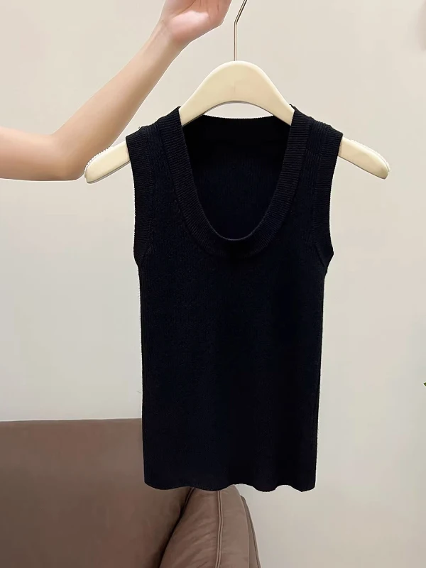 Casual Knitted Sleeveless U-Neck Vest for Women Stylish Slim Fit Breathable Moisture Wicking Straight Hem Summer Trend