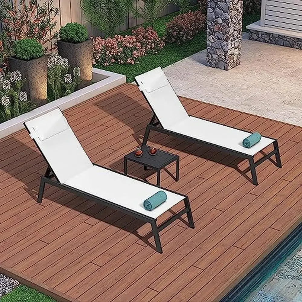 Outdoor Poolside Lounge Chairs Set Aluminum Weather-resistant Beach Chaise Lounges with Tables White UV-resistant recliner